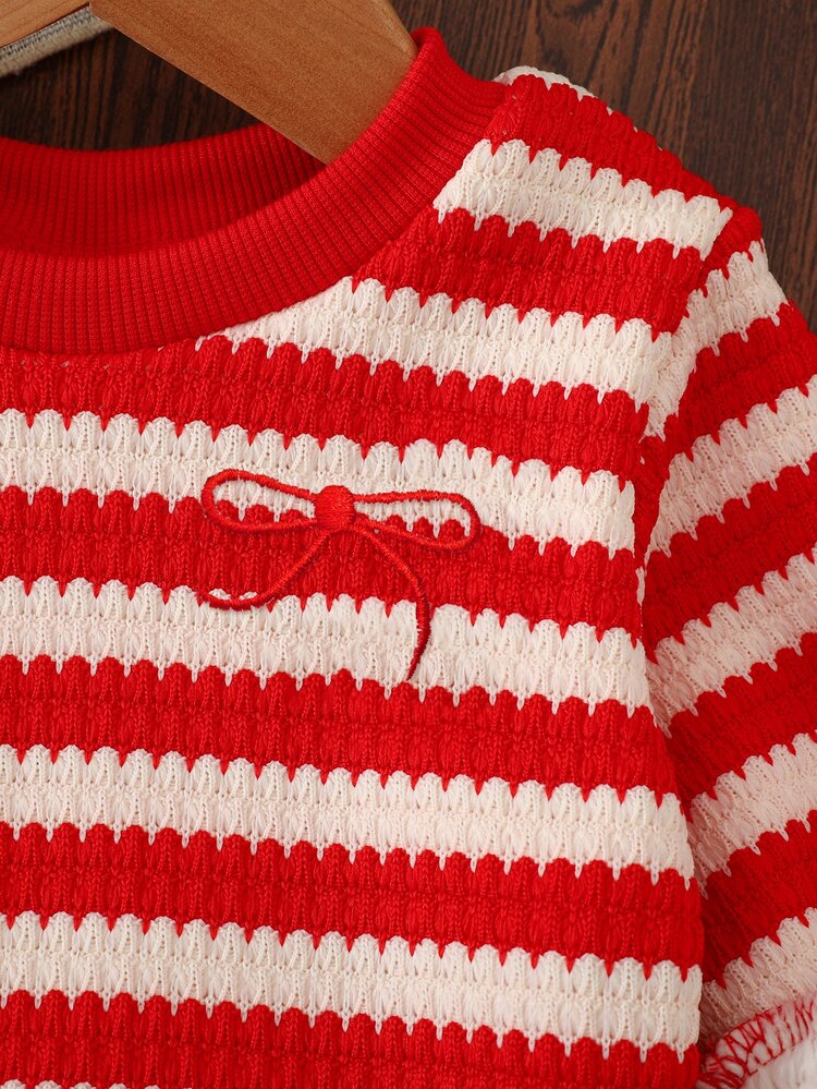 SHEIN 1pc Toddler Girl Striped Sweatshirt Pullover Cute Sweet Red White Bow Ribbed Fuzzy Long Sleeve Round Neck Thick Winter Cozy Princess Shirt - Red - View 4