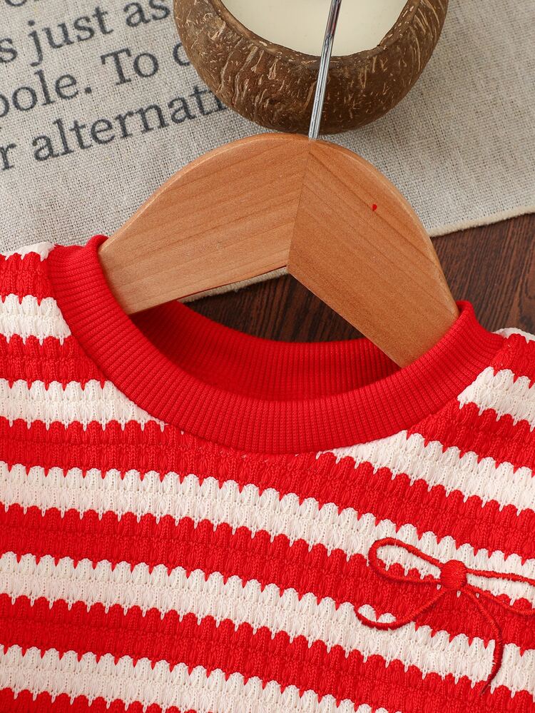 SHEIN 1pc Toddler Girl Striped Sweatshirt Pullover Cute Sweet Red White Bow Ribbed Fuzzy Long Sleeve Round Neck Thick Winter Cozy Princess Shirt - Red - View 7