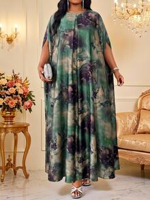 Fleurora 大尺碼女款花卉印花寬鬆百褶優雅晚宴派對正式洋裝，適合海灘、教堂、綠色節慶、夏季與聖誕穿搭 - 綠色 - 查看 4