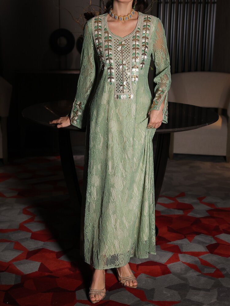 SHEIN Najma Luxurious Embroidered Beaded Loose Fit Party Maxi Dress, Turkish & Arabic Traditional Style - Green - View 6