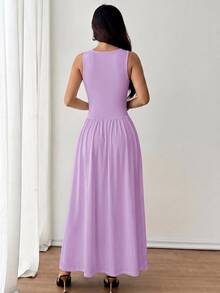 SHEIN PETITE Gaun Wanita Elegan Warna Polos Cokelat Kopi dengan Kerah Persegi dan Model Mengembang, Musim Semi/Panas - Mauve Purple - View 2