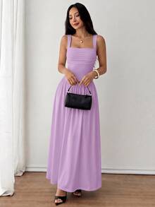 SHEIN PETITE Gaun Wanita Elegan Warna Polos Cokelat Kopi dengan Kerah Persegi dan Model Mengembang, Musim Semi/Panas - Mauve Purple - View 7