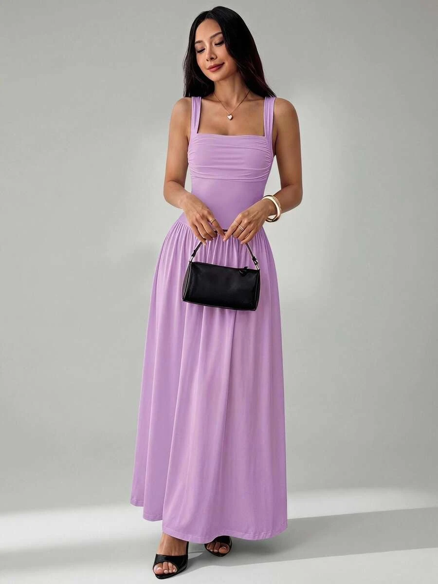 SHEIN PETITE Gaun Wanita Elegan Warna Polos Cokelat Kopi dengan Kerah Persegi dan Model Mengembang, Musim Semi/Panas - Mauve Purple - View 1