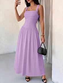 SHEIN PETITE Gaun Wanita Elegan Warna Polos Cokelat Kopi dengan Kerah Persegi dan Model Mengembang, Musim Semi/Panas - Mauve Purple - View 3