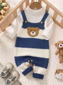 SHEIN Baju Terusan Rajut Lucu Motif Beruang Kartun Bordir untuk Bayi Laki-laki, Cocok untuk Musim Gugur. - Biru - View 1