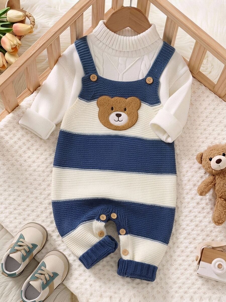 SHEIN Baju Terusan Rajut Lucu Motif Beruang Kartun Bordir untuk Bayi Laki-laki, Cocok untuk Musim Gugur. - Biru - View 1