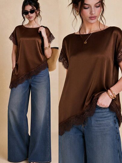 Juhart Women's Plus Size Satin Lace Trim Pullover, Asymmetric Short Sleeve, Asymmetric Lace Patchwork, Casual Minimalist Loose Commute Black Shirt T-Shirt, Autumn New Arrival