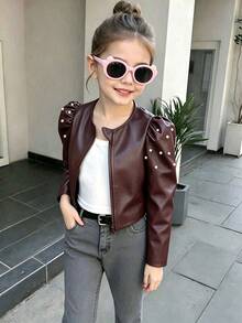 SHEIN 女童秋季時尚珠飾裝飾花瓣袖夾克，冬季，返校，校園，休閒嬰兒白色 - 棕色 - 查看 3