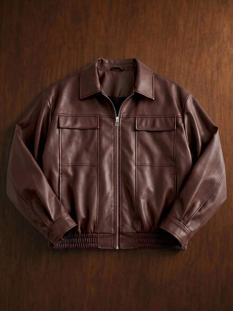 Manfinity RebelGame Men's Solid Color PU Leather Zipper Casual Versatile Daily Travel Long Sleeve Jacket,Versatile Spring-Autumn Menswear,Men's Collared Jacket - Brown - View 1