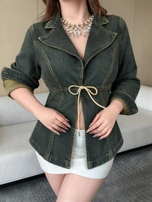 Dazy Plus Vintage Denim Washed Sexy Style Tie Design Sexy Denim Jacket - Dark Wash - View 2
