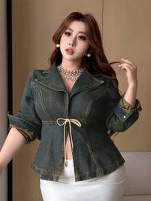 Dazy Plus Vintage Denim Washed Sexy Style Tie Design Sexy Denim Jacket - Dark Wash - View 5