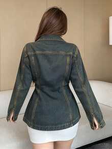 Dazy Plus Vintage Denim Washed Sexy Style Tie Design Sexy Denim Jacket - Dark Wash - View 4