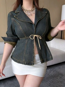 Dazy Plus Vintage Denim Washed Sexy Style Tie Design Sexy Denim Jacket - Dark Wash - View 6