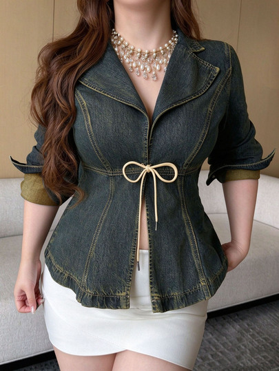 Dazy Plus Vintage Denim Washed Sexy Style Tie Design Sexy Denim Jacket