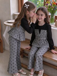 青少年女孩幾何針織喇叭袖襯衫，珍珠裝飾，返校服裝套裝，秋季假期校外穿搭，黑色休閒西式風 - 彩色 - 查看 1