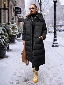SHEIN EZwear معطف مبطن بغطاء رأس شتوي كاجوال متعدد الاستخدامات بلون موحد للنساء مقاس كبير - الأسود - مشاهدة 9