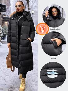 SHEIN EZwear معطف مبطن بغطاء رأس شتوي كاجوال متعدد الاستخدامات بلون موحد للنساء مقاس كبير - الأسود - مشاهدة 2