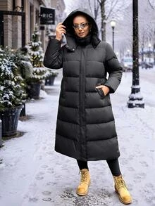 SHEIN EZwear معطف مبطن بغطاء رأس شتوي كاجوال متعدد الاستخدامات بلون موحد للنساء مقاس كبير - الأسود - مشاهدة 5