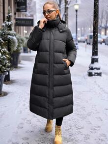 SHEIN EZwear معطف مبطن بغطاء رأس شتوي كاجوال متعدد الاستخدامات بلون موحد للنساء مقاس كبير - الأسود - مشاهدة 10
