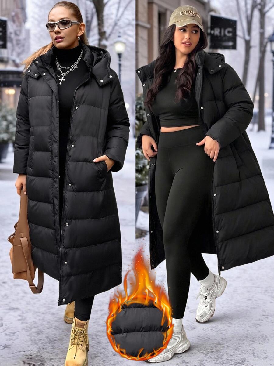 SHEIN EZwear 大尺碼女款純色休閒百搭冬季連帽加厚棉外套