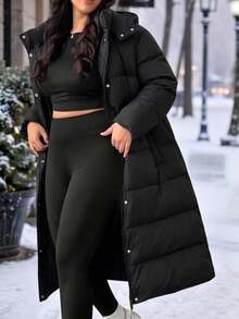 SHEIN EZwear معطف مبطن بغطاء رأس شتوي كاجوال متعدد الاستخدامات بلون موحد للنساء مقاس كبير - الأسود - مشاهدة 8