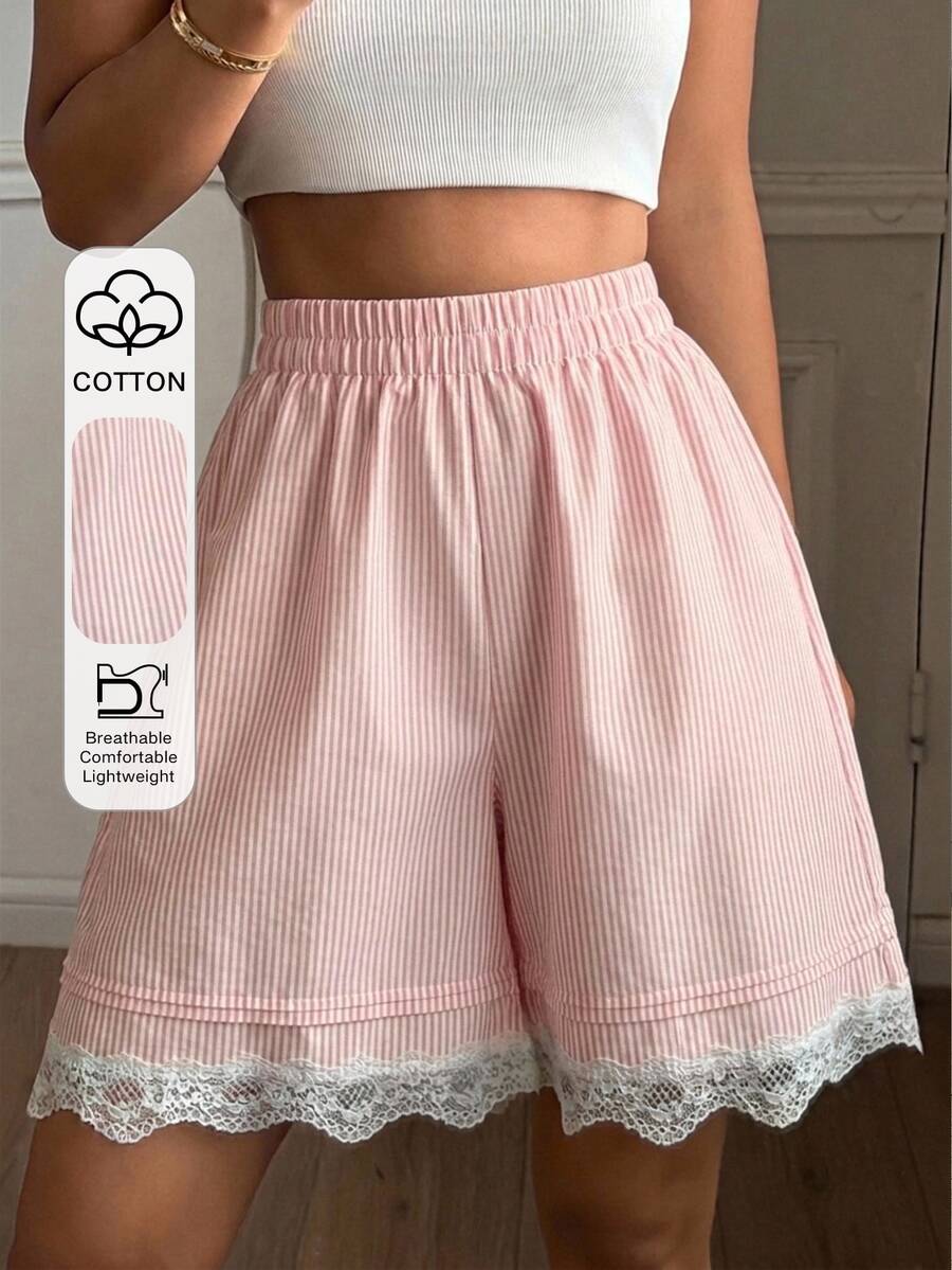 DAZY Women's Summer Pinstripe Pleated Lace Trim Short Pajama Pants - Pink - View 1