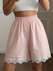 DAZY Women's Summer Pinstripe Pleated Lace Trim Short Pajama Pants - Pink - View 5