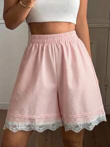 DAZY Women's Summer Pinstripe Pleated Lace Trim Short Pajama Pants - Pink - View 8