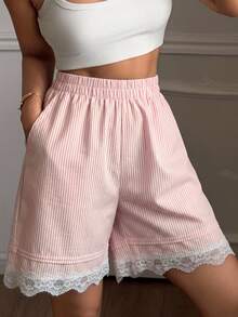 DAZY Women's Summer Pinstripe Pleated Lace Trim Short Pajama Pants - Pink - View 7