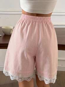 DAZY Women's Summer Pinstripe Pleated Lace Trim Short Pajama Pants - Pink - View 2