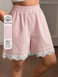 DAZY Women's Summer Pinstripe Pleated Lace Trim Short Pajama Pants - Pink - View 3