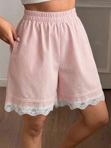 DAZY Women's Summer Pinstripe Pleated Lace Trim Short Pajama Pants - Pink - View 6