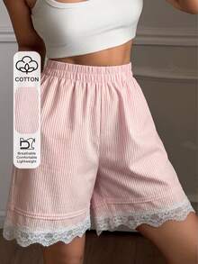 DAZY Women's Summer Pinstripe Pleated Lace Trim Short Pajama Pants - Pink - View 4