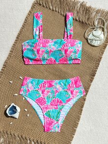 SHEIN Swim Hot Pink Shell Decor High Waist Bikini Set With Shoulder Straps, Women Beach Vacation Holiday Swimwear Summer Sequin Tropical - Multicolor - View 2