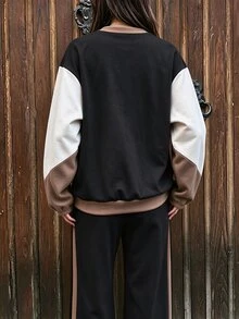 Franclia 秋冬拼接圓領運動衫與寬腿褲兩件套，運動休閒通勤穿搭 - 彩色 - 查看 4