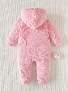 1件女嬰連帽連身衣可愛甜美粉色毛絨長袖拉鍊連帽加厚外套連身褲，適合冬季與秋季節日穿著，新款 - 粉色 - 查看 2
