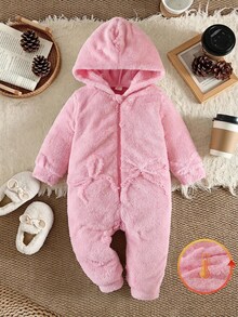 1件女嬰連帽連身衣可愛甜美粉色毛絨長袖拉鍊連帽加厚外套連身褲，適合冬季與秋季節日穿著，新款 - 粉色 - 查看 1