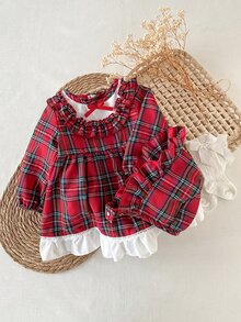 SHEIN 幼童女嬰連衣裙帽套組，可愛甜美優雅，紅綠白格紋針織長袖圓領，標準版型，荷葉邊公主芭蕾舞伶風，舒適保暖 - 紅色 - 查看 4