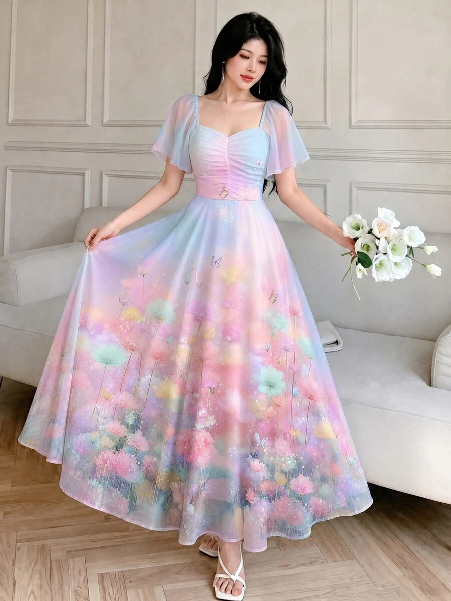 Seusyu 夢幻粉色花卉夏季仙女風女款長洋裝,方領荷葉袖派對收腰優雅雪紡長裙,藍色花卉圖案 - 彩色 - 查看 1