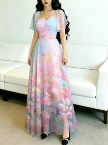 Seusyu 夢幻粉色花卉夏季仙女風女款長洋裝，方領荷葉袖派對收腰優雅雪紡長裙，藍色花卉圖案 - 彩色 - 查看 5