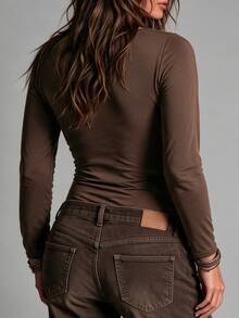 Ceyna Plus Size Women's French Sexy Glamorous Casual Elegant Cowl Neck Long Sleeve Bodysuit Fall Going Out Night Brown Winter - Brown - View 2