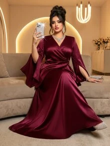 Roveilla Plus Size French Style V-Neck Criss-Cross Wrap Acetate Satin Tie Drape Flared Sleeve Slimming Top And Bodycon Skirt 2 Pieces Set Fall - Burgundy - View 3