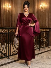 Roveilla Plus Size French Style V-Neck Criss-Cross Wrap Acetate Satin Tie Drape Flared Sleeve Slimming Top And Bodycon Skirt 2 Pieces Set Fall - Burgundy - View 4