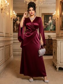 Roveilla Plus Size French Style V-Neck Criss-Cross Wrap Acetate Satin Tie Drape Flared Sleeve Slimming Top And Bodycon Skirt 2 Pieces Set Fall - Burgundy - View 1