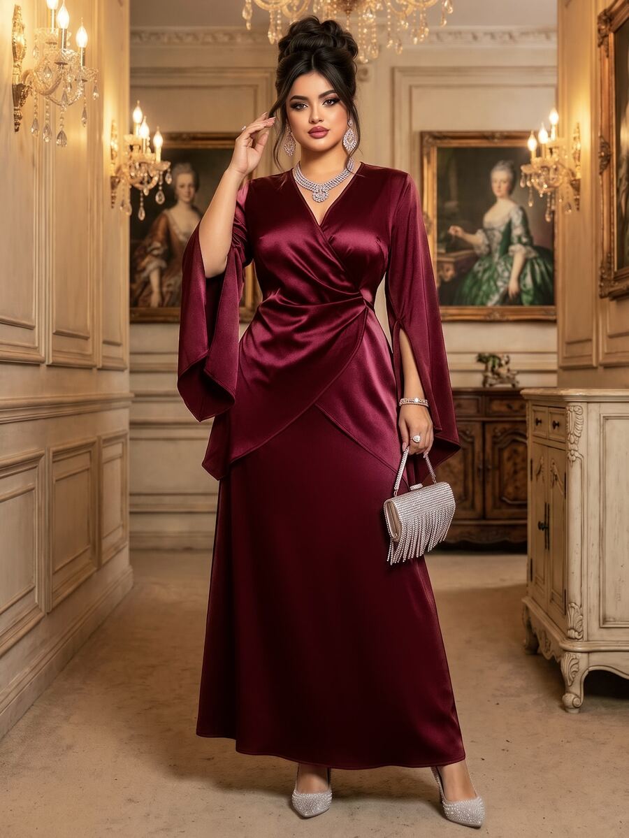 Roveilla Plus Size French Style V-Neck Criss-Cross Wrap Acetate Satin Tie Drape Flared Sleeve Slimming Top And Bodycon Skirt 2 Pieces Set Fall - Burgundy - View 1