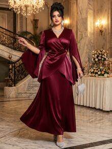 Roveilla Plus Size French Style V-Neck Criss-Cross Wrap Acetate Satin Tie Drape Flared Sleeve Slimming Top And Bodycon Skirt 2 Pieces Set Fall - Burgundy - View 5