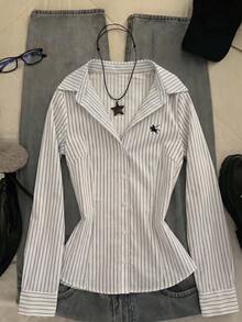 IslaSuriya Women's Striped Knight Pattern Casual Everyday Shirt - White - View 3