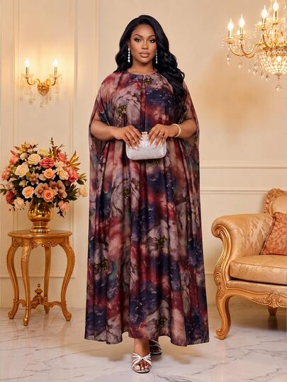 Fleurora Plus Size Elegant Party Formal Christening Guest Dusty Rose Floral Print Dress Dress Wedding Guest Dress Peasant Dress Wedding Dress Summer