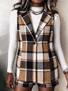 Linhara CURVE Autumn/Winter Women's New Plus Size Plaid Set Sleeveless Vest Shorts Casual Smart Elegant Thanksgiving Brunch Office White Brown - Brown - View 4