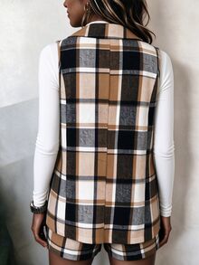 Linhara CURVE Autumn/Winter Women's New Plus Size Plaid Set Sleeveless Vest Shorts Casual Smart Elegant Thanksgiving Brunch Office White Brown - Brown - View 2